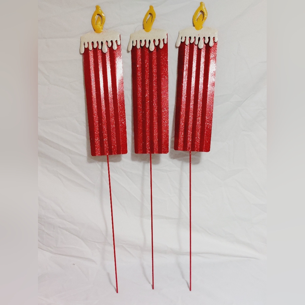 Lot of 3 Metal 27" Christmas Holiday Winter Red Candles Glitter Yard Decorations